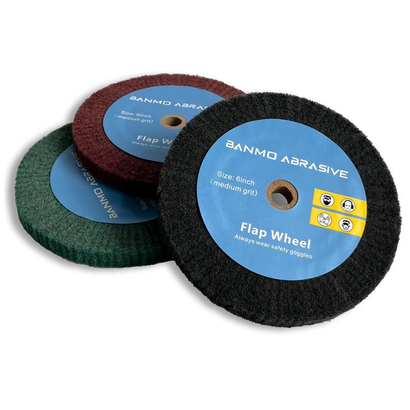 Banmo Abrasive 6 Inch Bench Grinder Polishing Wheel 320/600/800 Grit, 3PCS Tight Weave Tough Polishing Burnishing Wheels 0.5" Thickness for 0.5" Arbor, Great for Refurbishing Golf Clubs Metal Copper - Image 1